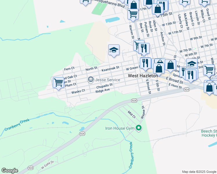 map of restaurants, bars, coffee shops, grocery stores, and more near 455 Ridge Avenue in West Hazleton