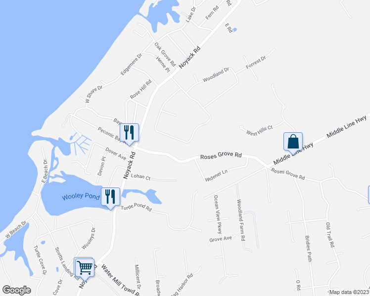 map of restaurants, bars, coffee shops, grocery stores, and more near 88 Peconic Hills Drive in Southampton