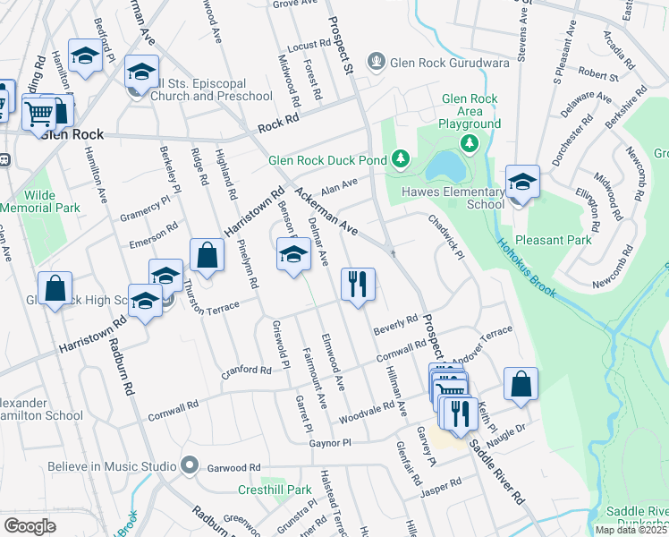 map of restaurants, bars, coffee shops, grocery stores, and more near 69 Delmar Avenue in Glen Rock