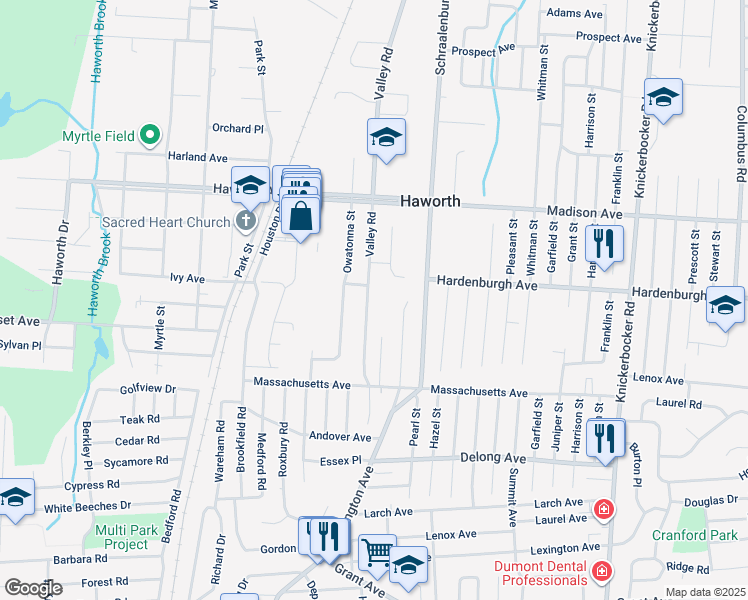 map of restaurants, bars, coffee shops, grocery stores, and more near 75 Valley Road in Haworth