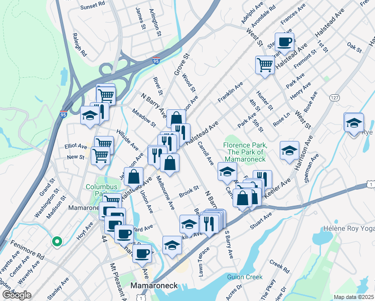 map of restaurants, bars, coffee shops, grocery stores, and more near 467 North Barry Avenue in Mamaroneck