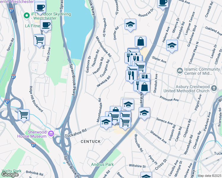 map of restaurants, bars, coffee shops, grocery stores, and more near 7 Ivanhoe Place in Yonkers