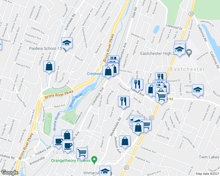 map of restaurants, bars, coffee shops, grocery stores, and more near 262 Dante Avenue in Tuckahoe