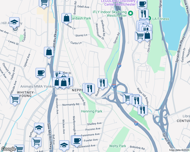 map of restaurants, bars, coffee shops, grocery stores, and more near 68 Patmor Avenue in Yonkers