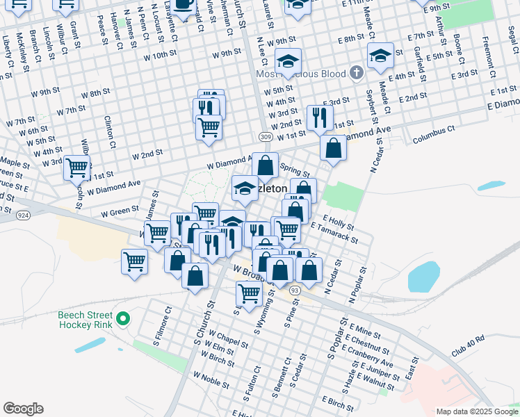 map of restaurants, bars, coffee shops, grocery stores, and more near 126 West Tamarack Street in Hazleton