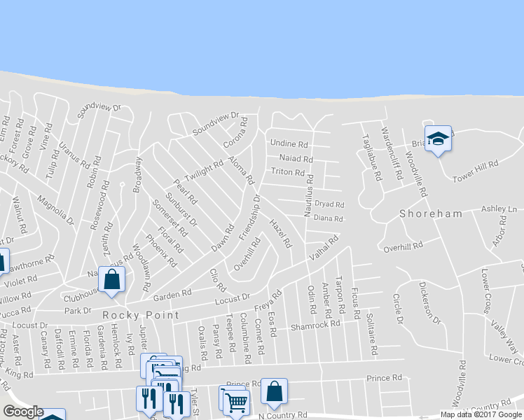 map of restaurants, bars, coffee shops, grocery stores, and more near 51 Hazel Road in Rocky Point