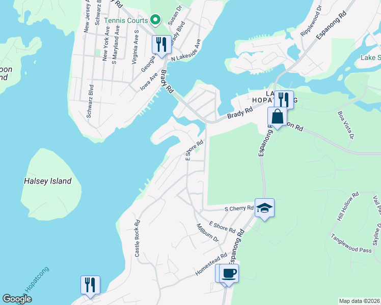 map of restaurants, bars, coffee shops, grocery stores, and more near 53 East Shore Road in Jefferson