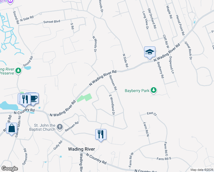 map of restaurants, bars, coffee shops, grocery stores, and more near 102 East Woodland Drive in Wading River