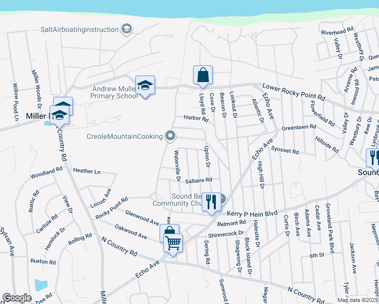 map of restaurants, bars, coffee shops, grocery stores, and more near 65 Wildwood Drive in Sound Beach