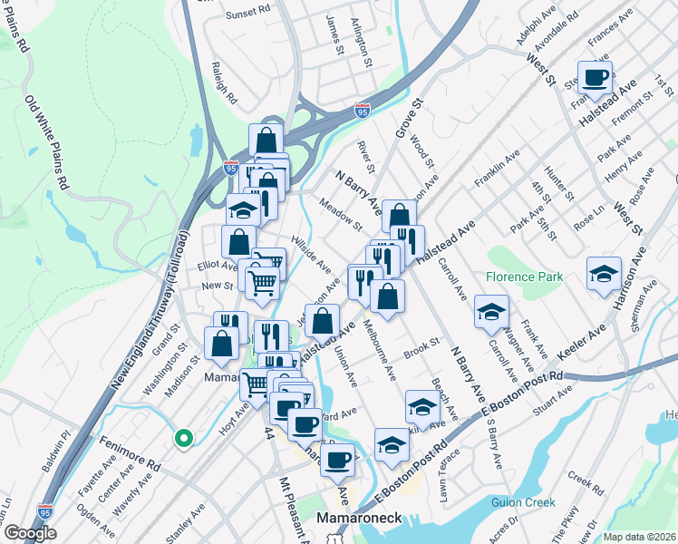 map of restaurants, bars, coffee shops, grocery stores, and more near 614 Hillside Avenue in Mamaroneck