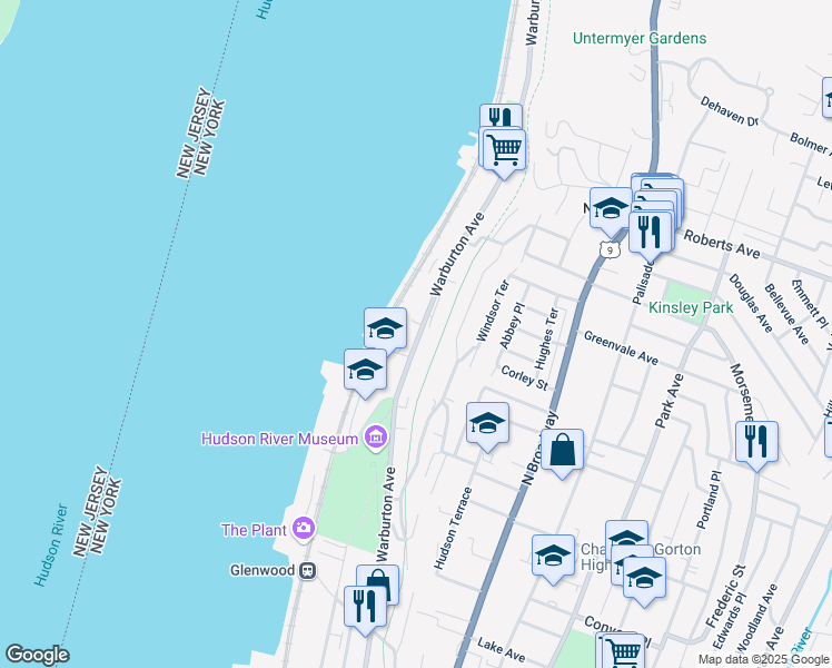 map of restaurants, bars, coffee shops, grocery stores, and more near 633 Warburton Avenue in Yonkers