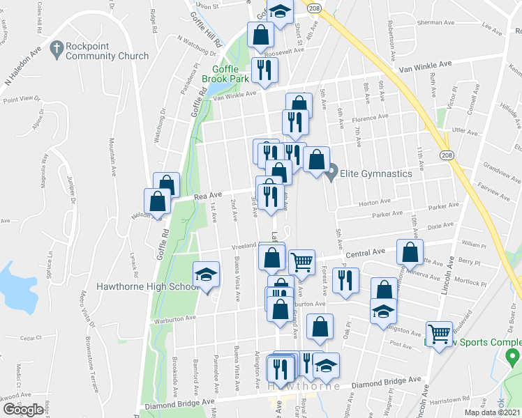 map of restaurants, bars, coffee shops, grocery stores, and more near 31 3rd Avenue in Hawthorne