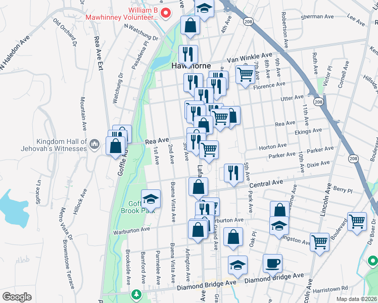 map of restaurants, bars, coffee shops, grocery stores, and more near 31 3rd Avenue in Hawthorne