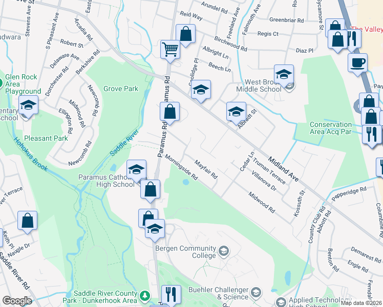 map of restaurants, bars, coffee shops, grocery stores, and more near 221 Mayfair Road in Paramus