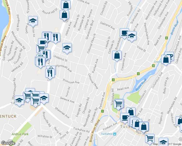 map of restaurants, bars, coffee shops, grocery stores, and more near 25 Colonial Parkway in Yonkers