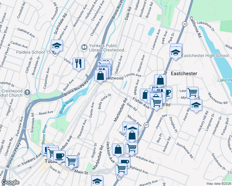 map of restaurants, bars, coffee shops, grocery stores, and more near 36 Hollywood Avenue East in Tuckahoe