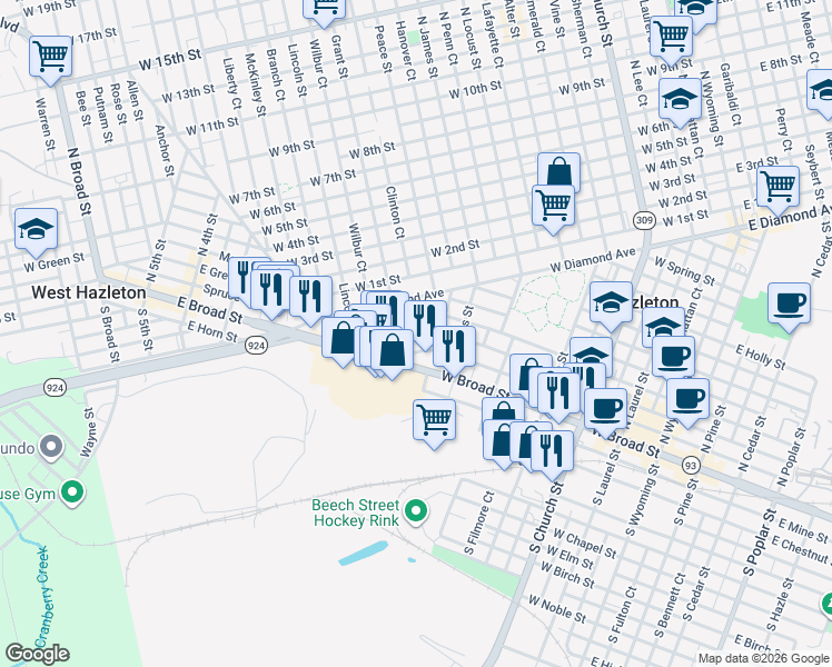 map of restaurants, bars, coffee shops, grocery stores, and more near 580 East Maple Street in Hazleton