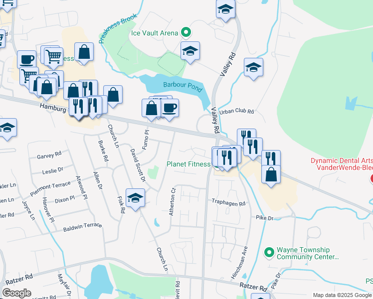 map of restaurants, bars, coffee shops, grocery stores, and more near 7 Lancaster Court in Wayne