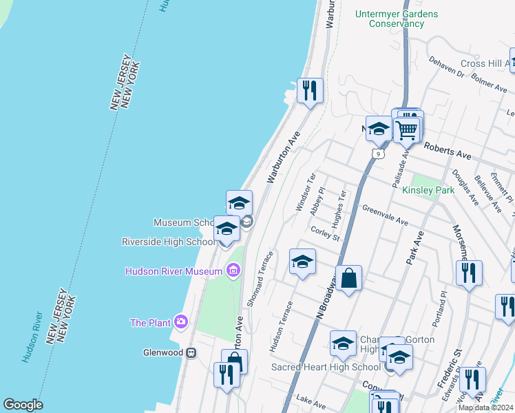 map of restaurants, bars, coffee shops, grocery stores, and more near 633 Warburton Avenue in Yonkers