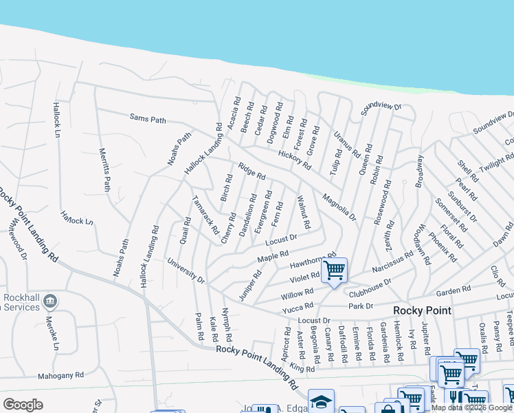 map of restaurants, bars, coffee shops, grocery stores, and more near 39 Dandelion Road in Rocky Point