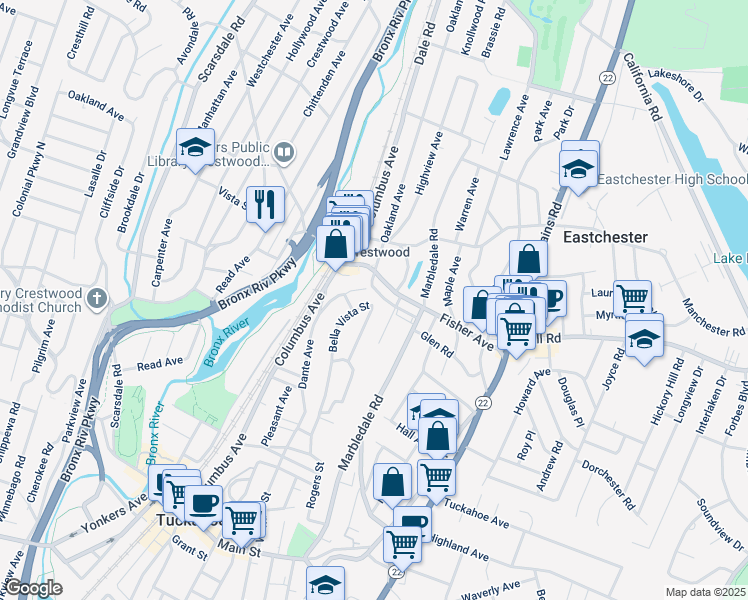 map of restaurants, bars, coffee shops, grocery stores, and more near 36 Hollywood Avenue East in Tuckahoe