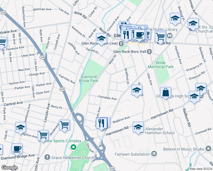 map of restaurants, bars, coffee shops, grocery stores, and more near 36 Tonawanda Road in Glen Rock