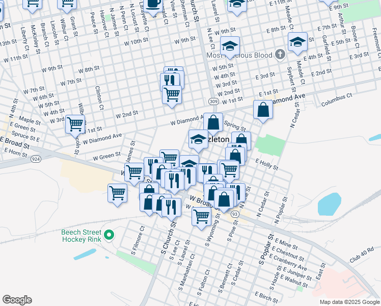 map of restaurants, bars, coffee shops, grocery stores, and more near 226 West Hemlock Street in Hazleton