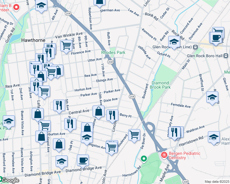 map of restaurants, bars, coffee shops, grocery stores, and more near 154 Parker Avenue in Hawthorne
