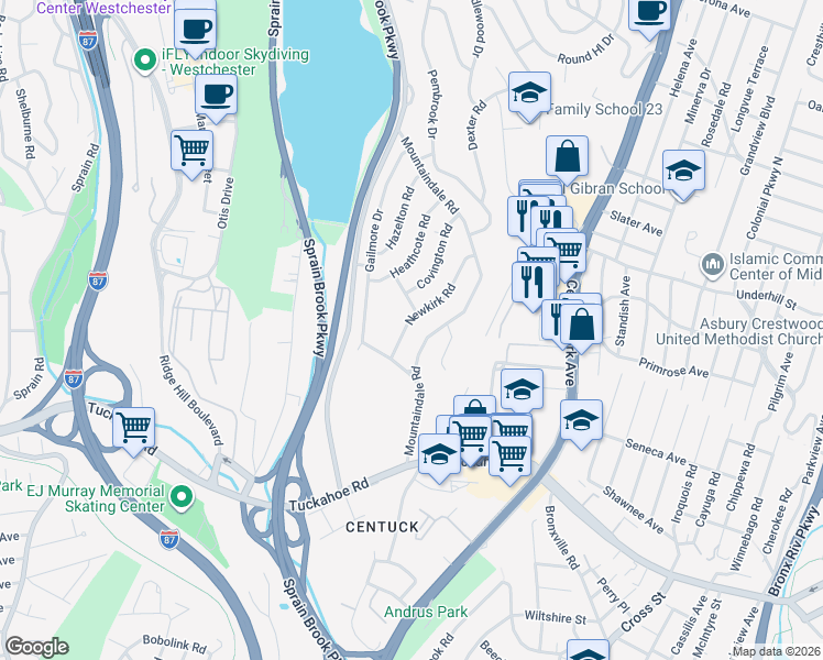 map of restaurants, bars, coffee shops, grocery stores, and more near 26 Newkirk Road in Yonkers