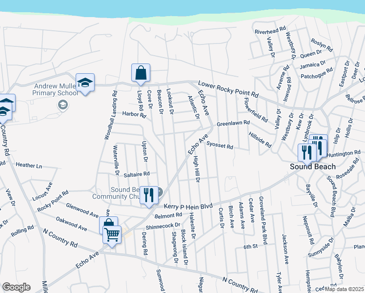 map of restaurants, bars, coffee shops, grocery stores, and more near 130 Halesite Drive in Sound Beach