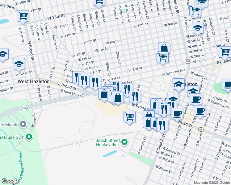 map of restaurants, bars, coffee shops, grocery stores, and more near 600 West Maple Street in Hazleton
