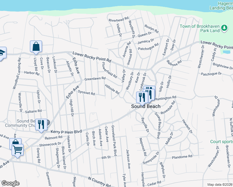 map of restaurants, bars, coffee shops, grocery stores, and more near 1 Laurelton Road in Sound Beach