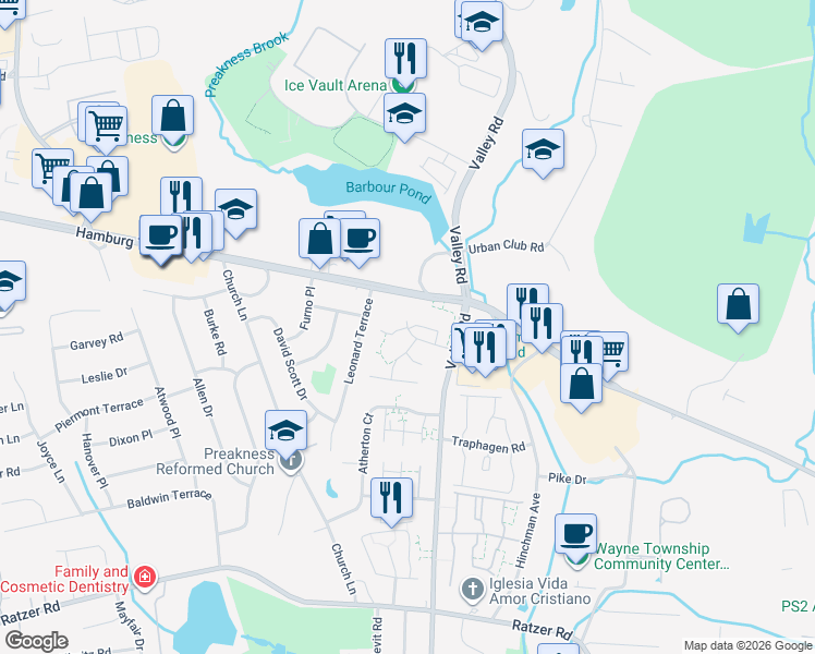map of restaurants, bars, coffee shops, grocery stores, and more near 9 Lancaster Court in Wayne