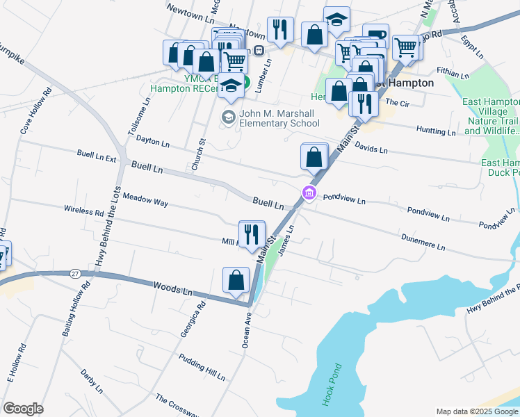 map of restaurants, bars, coffee shops, grocery stores, and more near 21 Buell Lane in East Hampton