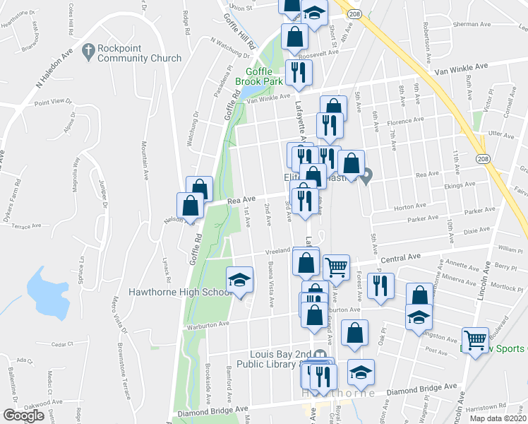 map of restaurants, bars, coffee shops, grocery stores, and more near 54 2nd Avenue in Hawthorne
