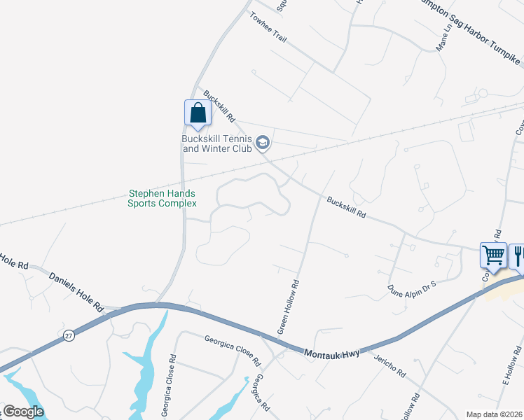 map of restaurants, bars, coffee shops, grocery stores, and more near 26 Huckleberry Lane in East Hampton