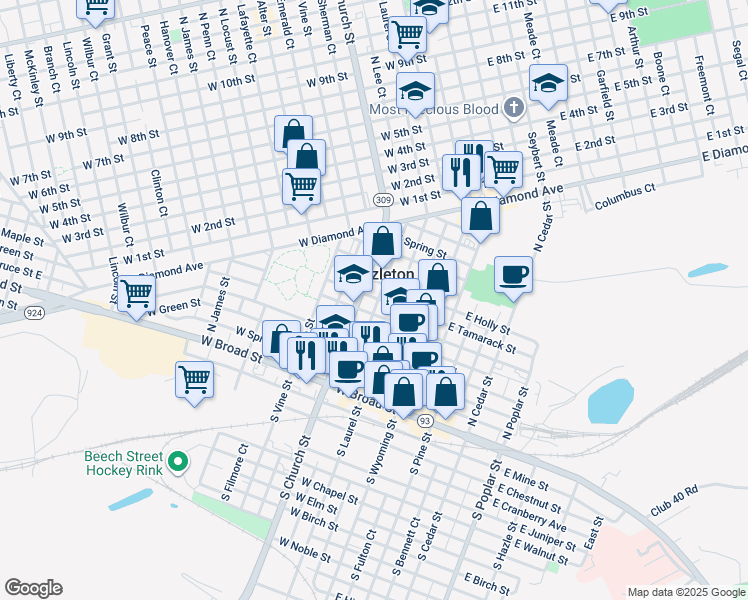map of restaurants, bars, coffee shops, grocery stores, and more near 126 West Tamarack Street in Hazleton