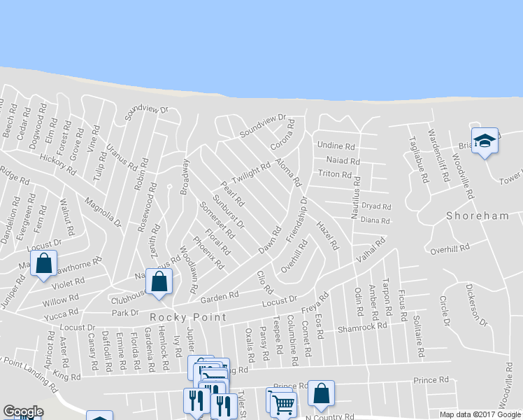 map of restaurants, bars, coffee shops, grocery stores, and more near 18 Shell Road in Rocky Point
