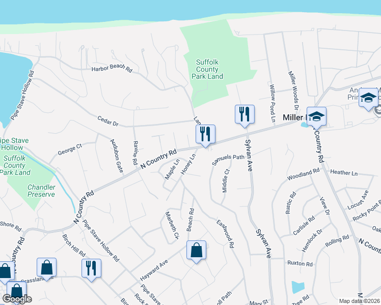 map of restaurants, bars, coffee shops, grocery stores, and more near 5 Magnolia Lane in Miller Place