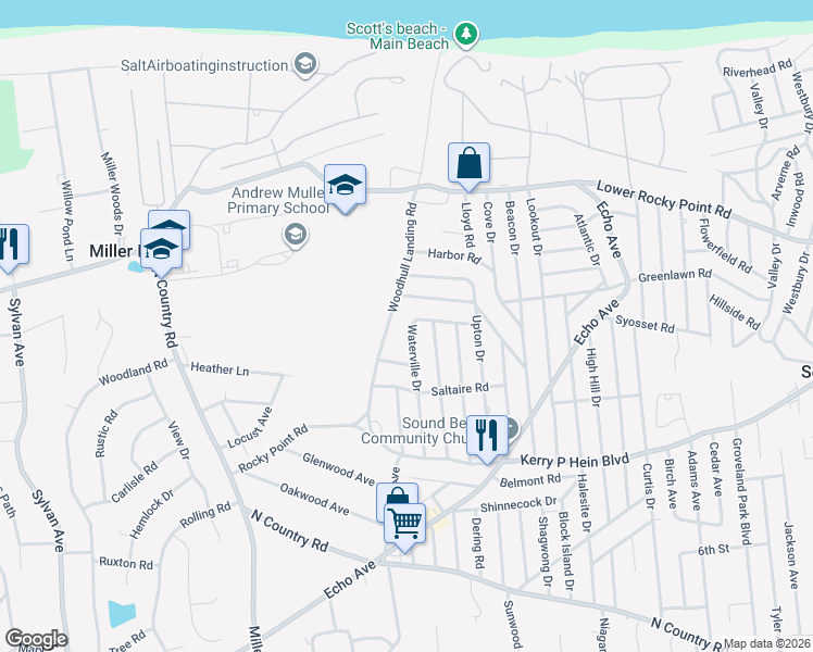 map of restaurants, bars, coffee shops, grocery stores, and more near 64 Waterville Drive in Sound Beach