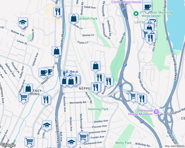 map of restaurants, bars, coffee shops, grocery stores, and more near 25 Chelsea Place in Yonkers