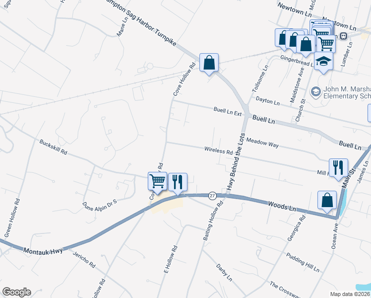 map of restaurants, bars, coffee shops, grocery stores, and more near 51 Wireless Road in East Hampton