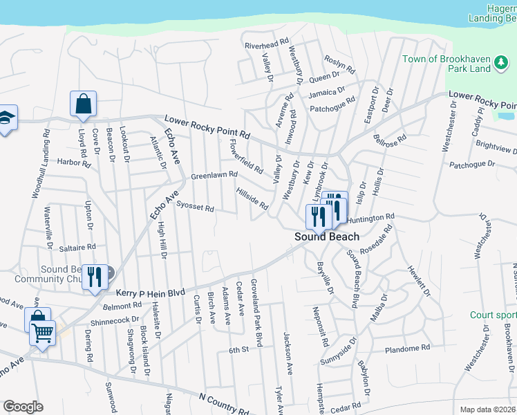 map of restaurants, bars, coffee shops, grocery stores, and more near 1 Laurelton Road in Sound Beach