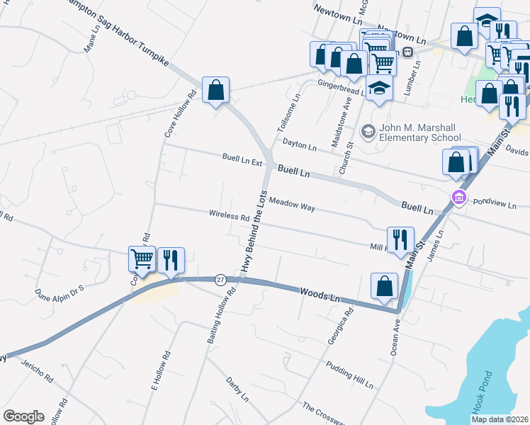 map of restaurants, bars, coffee shops, grocery stores, and more near 66 Toilsome Lane in East Hampton