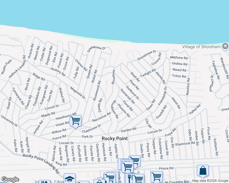 map of restaurants, bars, coffee shops, grocery stores, and more near 189 Broadway in Rocky Point