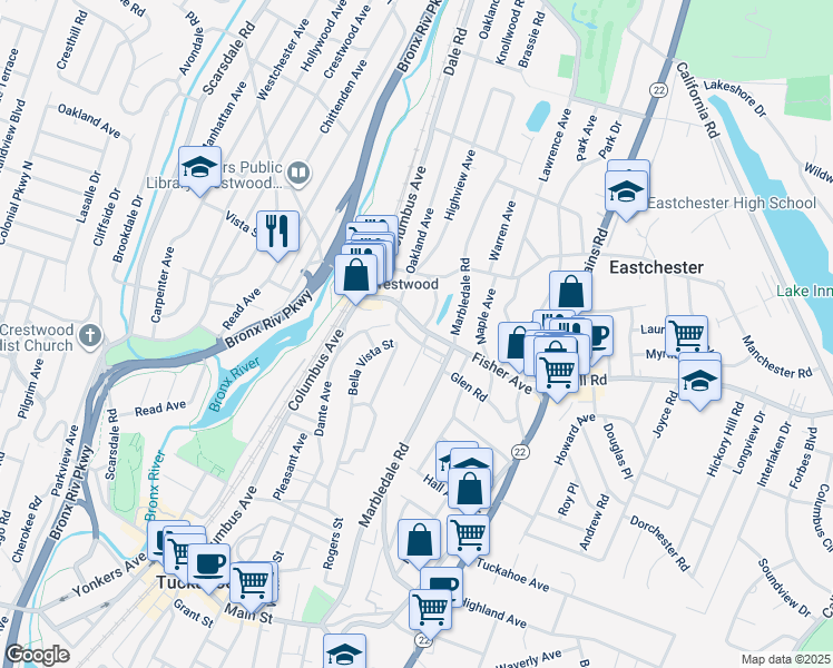 map of restaurants, bars, coffee shops, grocery stores, and more near 36 Hollywood Avenue East in Tuckahoe