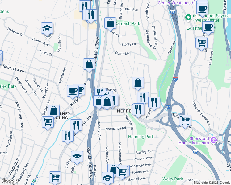 map of restaurants, bars, coffee shops, grocery stores, and more near 44 Altonwood Place in Yonkers