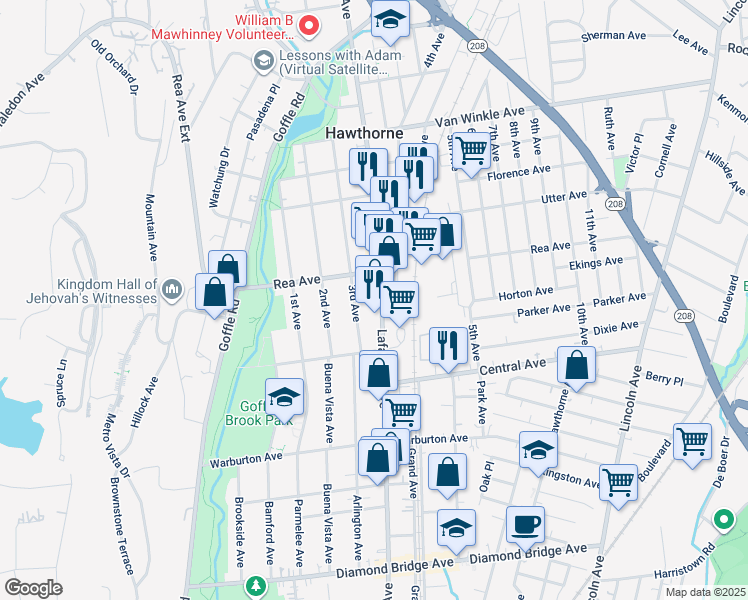 map of restaurants, bars, coffee shops, grocery stores, and more near 566 County Road 665 in Hawthorne
