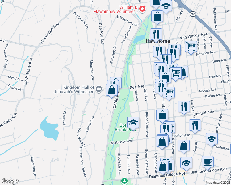 map of restaurants, bars, coffee shops, grocery stores, and more near 688 Goffle Road in Hawthorne