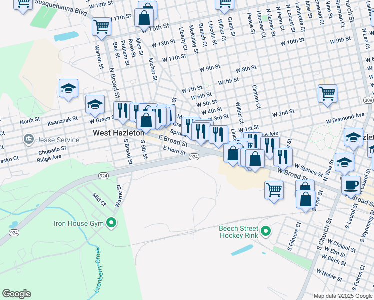 map of restaurants, bars, coffee shops, grocery stores, and more near 212 E Broad St in Hazleton